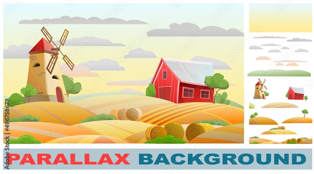 Farmland. Set for parallax effect. Garden and rolling hills. Rural farm landscape with windmill and barn. Evening sky. Cute funny cartoon design illustration. Flat style. Vector Farmland. Set for parallax effect. Garden and rolling hills. Rural farm landscape with windmill and barn. Evening sky. Cute funny cartoon design illustration. Flat style. Vector