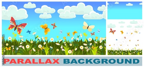 Meadow with wildflowers and butterflies. Set for parallax effect. Seamless illustration. Grass close-up. Green landscape. Summer sky. Cartoon style. Flat design. Flowers. Vector art