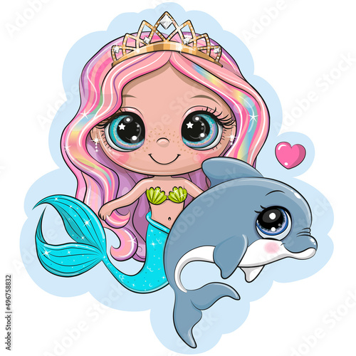 Cute cartoon mermaid with dolphin