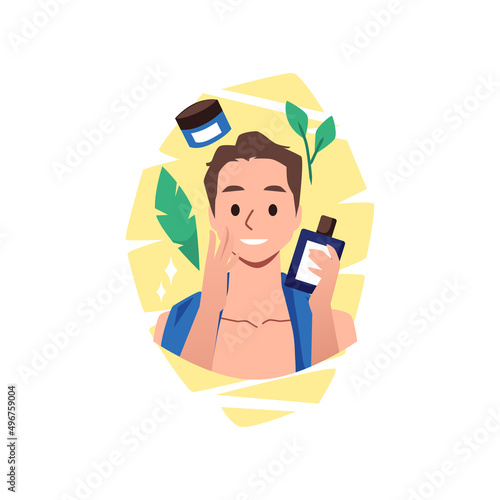 Man applying aftershave balm or lotion, flat vector illustration isolated on white background.