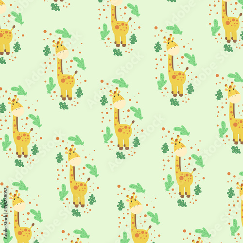 Seamless pattern with cute giraffe and leaves. Vector illustration