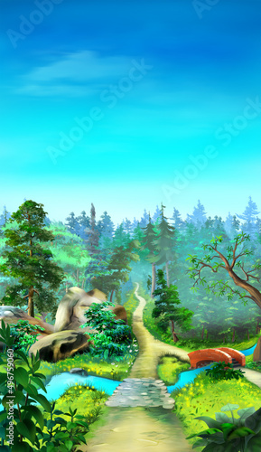 Blue sky over the path in the forest