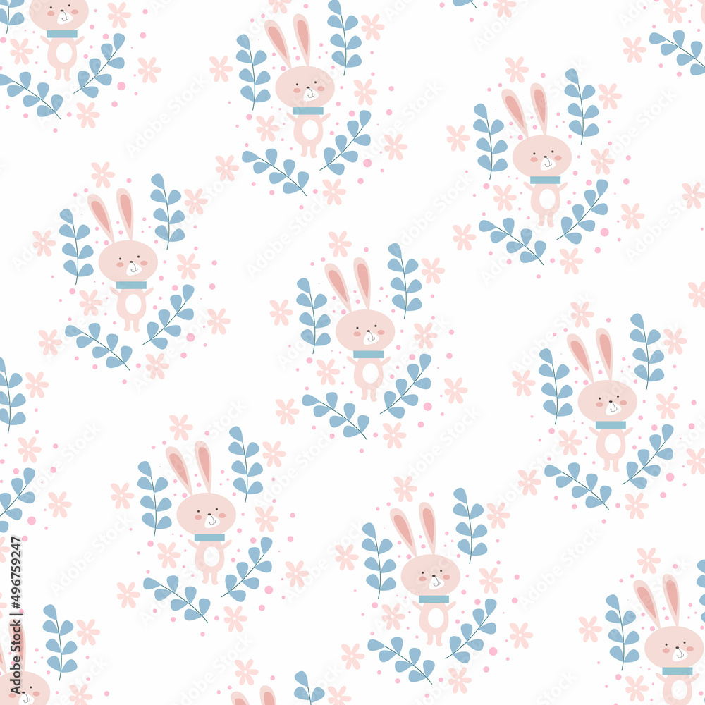 pink bunny pattern. background with floral elements pink bunny pattern. background with floral elements