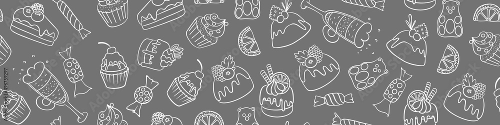 Seamless pattern with hand drawn desserts. Sweets and cupcakes on gray background. Vector illustration.
