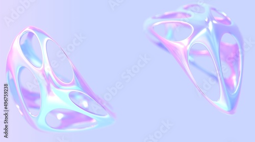 3D holographic background with abstract metal shapes, chromatic hollow objects with holes, futuristic design element with gradient pearlescent texture. Modern iridescent wallpaper, 3D render photo