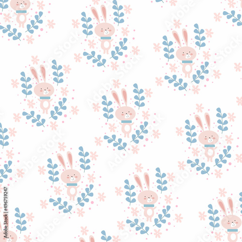 pink bunny pattern. background with floral elements