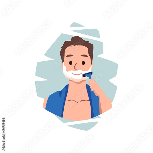 Handsome young man with shaving foam shaves his beard with razor in flat vector