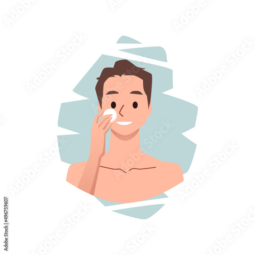 Well-groomed man cleans his face with cotton pad, vector illustration isolated.