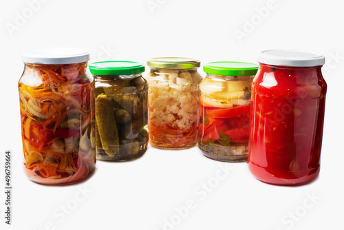 Homemade canned various vegetables and spices in glass jars