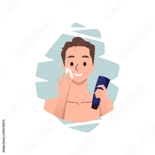 Man treating his face with lotion or cream, flat vector illustration isolated.