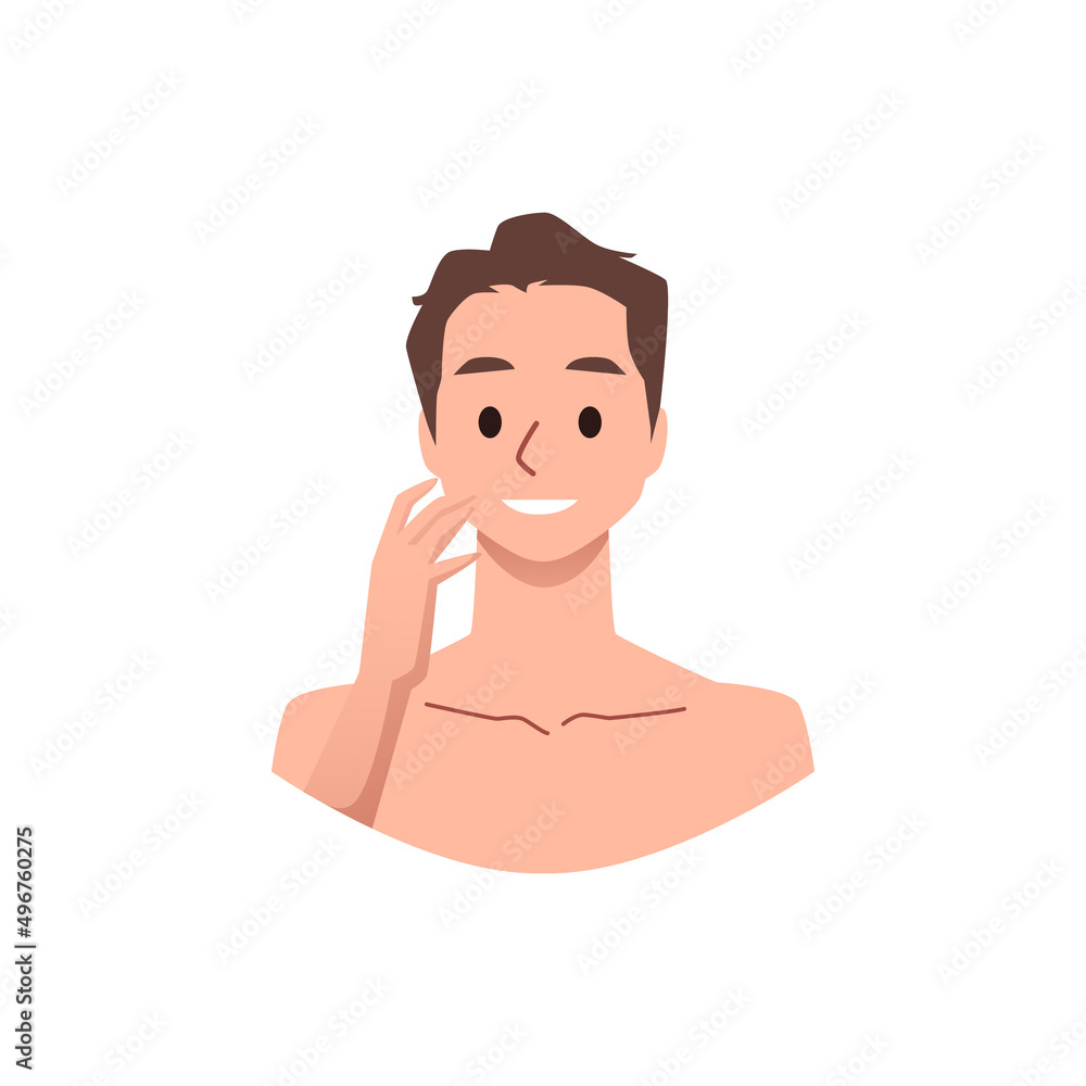 Man with clean face after skincare routine, flat vector illustration isolated on white background. Man with clean face after skincare routine, flat vector illustration isolated on white background.