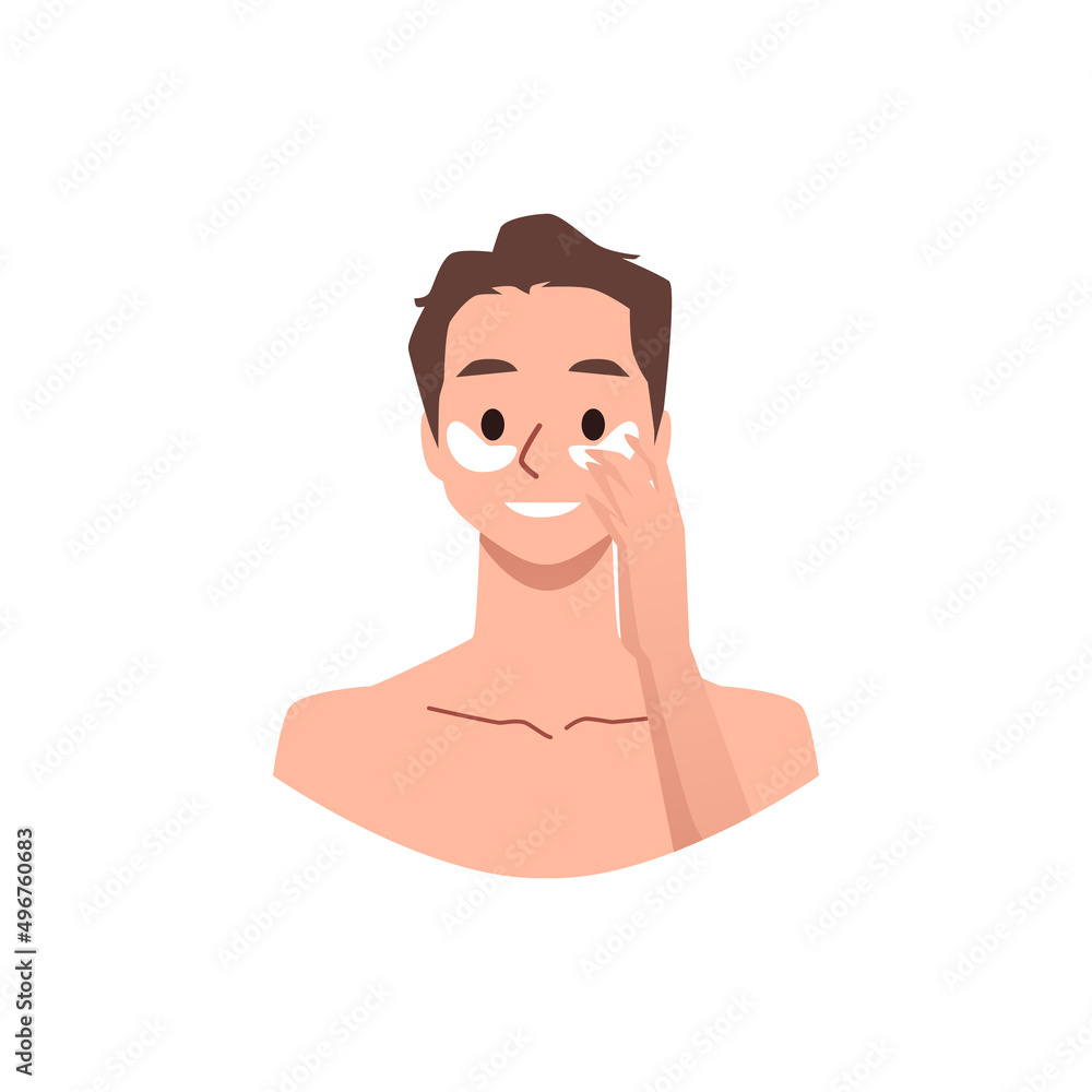 Man using eye patches as step of skincare routine, flat vector illustration isolated on white background. Man using eye patches as step of skincare routine, flat vector illustration isolated on white background.