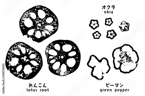 輪切り野菜のモノクロスタンプ（れんこん・オクラ・ピーマン）