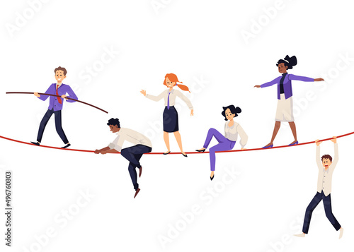 Business people balancing on tensed rope, flat vector illustration isolated.