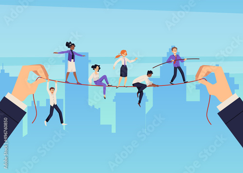 Business people balancing on rope tensed between hands, flat vector illustration.