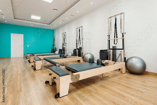 Reformer equipment in pilates studio photo