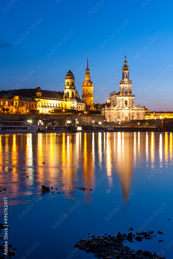 Germany, Saxony, Dresden, Elbe river at dusk with Dresden Castle and cathedral in background Germany, Saxony, Dresden, Elbe river at dusk with Dresden Castle and cathedral in background