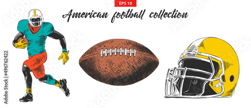 Vector engraved style illustrations for posters, decoration, logo. Hand drawn sketch of American football player, ball and helmet set isolated on white background. Detailed vintage etching drawing.