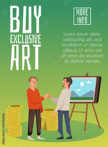 Art gallery and transfer of the right to work of art, flat vector illustration.