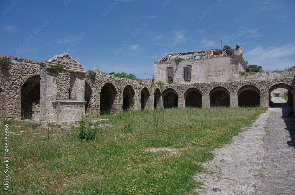 Ruins of the Abbazia Santa Maria a Mare cloister, Island of San Nicola, Tremiti Islands, Adriatic Sea, Puglia, Italy	