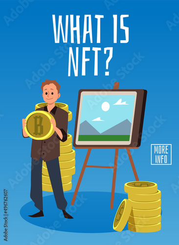 Non-fungible token NFT digital technology banner, flat vector illustration.