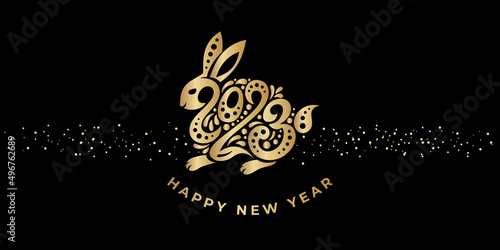 Happy New year 2023. The year of the rabbit of lunar Eastern calendar. Golden rabbit  bunny logo and number 2023 on a black background. Happy Chinese New Year Greeting Card  banner.