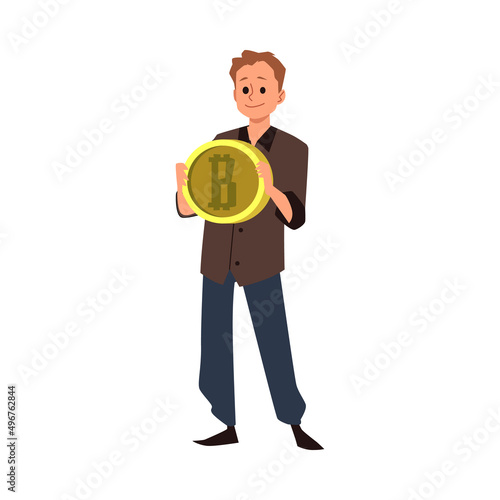Man standing full length with bitcoin flat vector illustration isolated.
