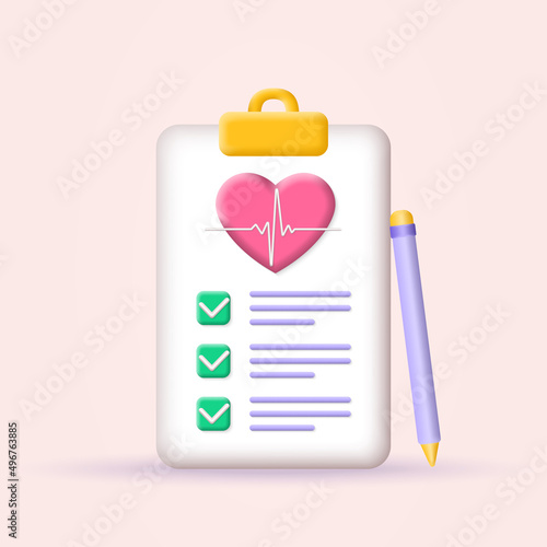 Medical checkup. 3d health check up. Check list on clipboard with heart icon. Healthcare, cardiovascular diagnostic concept. Vector illustration.