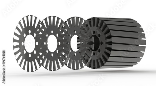 Fényképezés Rotor sheet metal stack used for squirrel cage asynchronous motor, 3D rendering