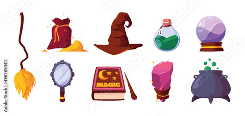 Wizzard artifacts. Colored glossy jewelry bottles and balls for magic spells garish vector cartoon crystals