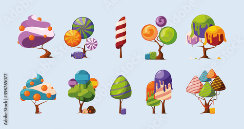 Sweets collection. Cream delicious fantasy sugar trees fantastic candies cake lollipops magic food garish vector colored pictures set