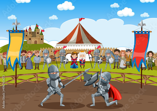 Two medieval knights fighting together