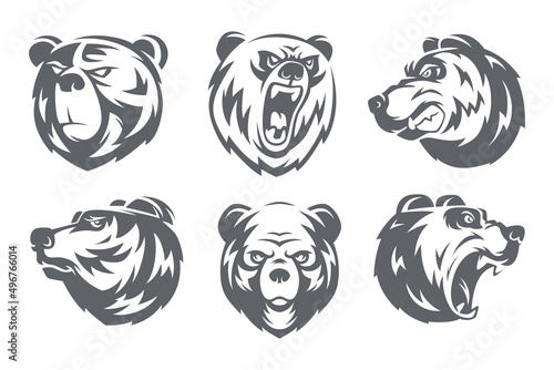 Grizzly bears. Black stylized wild animals pictures for sport and adventure badges exact vector templates set