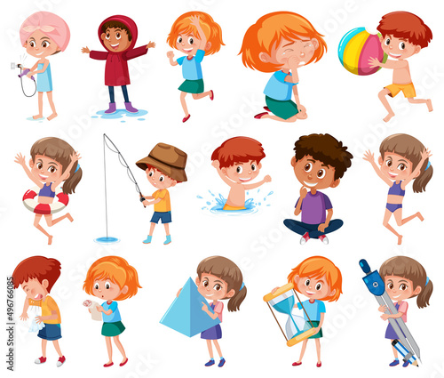 Set of children doing different activities on white background