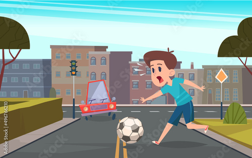 Crossroad playing. Kids running with ball game on road secured rules dangerous street traffic exact vector cartoon background