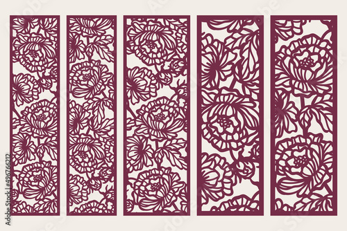 Set of laser cut panel with floral peonies pattern. Borders, bookmark templates, vector.
