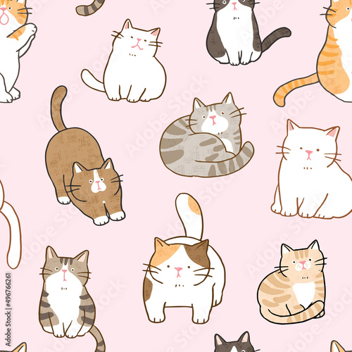 Seamless Pattern with Cartoon Cat Character Illustration on Light Pink Background