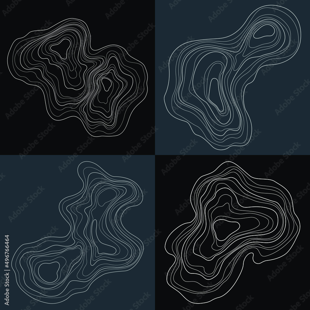 Set of abstract tree rings. Vector topographic map design elements. Contour map concept. Thin wavy lines.