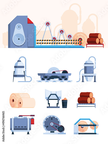 Paper industry. Machines for paper production chemical processes for cardboard factory garish vector pictures set isolated