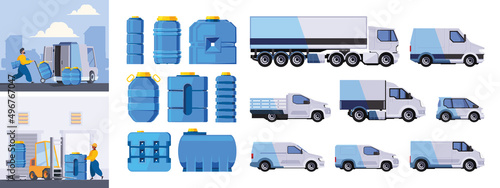 Water delivery. Liquids tanks for water cooler garish vector healthy concept illustrations