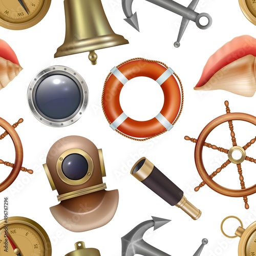 Marine pattern. Ocean realistic equipments lifebuoy steering wheel diving suit compass decent vector seamless background