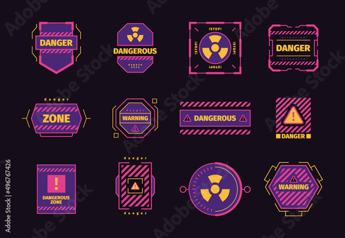 Danger hud. Ui attention elements virus attack radar danger biohazard warning red frames with place for text garish vector templates futuristic graphics