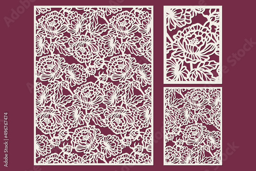Laser cut panels 3:4 with floral peonies pattern. Invitation cards, Room screen, papercut templates, vector.