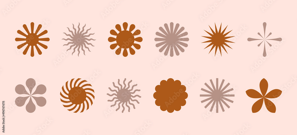 Vector set of design elements and illustrations in simple flat linear style - sun symbols, abstract forms and shapes Vector set of design elements and illustrations in simple flat linear style - sun symbols, abstract forms and shapes