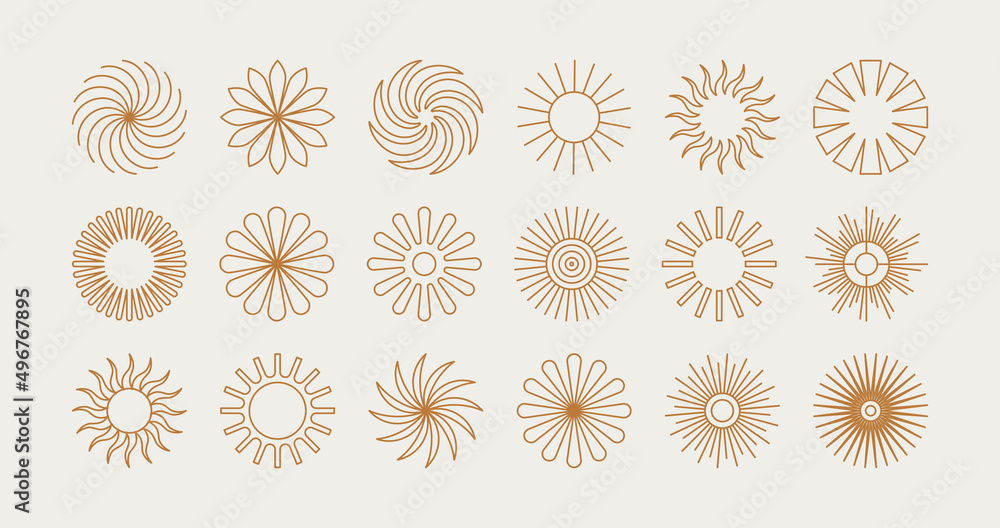 Fototapeta premium Vector set of design elements and illustrations in simple flat linear style - sun symbols, abstract forms and shapes - logo design templates, badges and stickers for posters, prints, banners