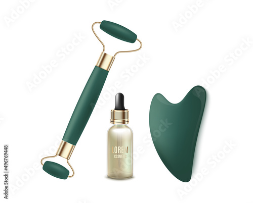 Set of green gua sha stone, jade roller and face oil for facial massage