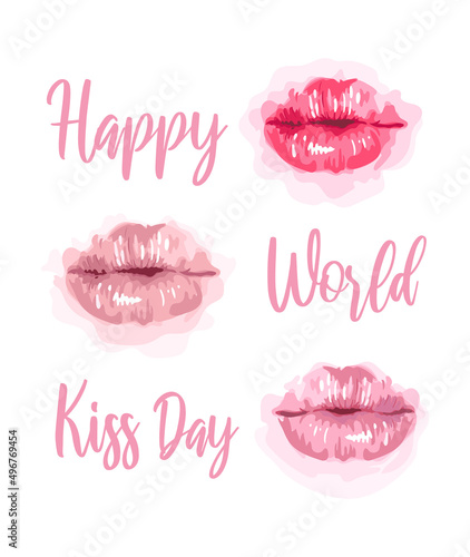 Vector illustration of delicate pink lips with the inscription Happy World Kiss Day. Cute postcard in a watercolor style. For postcard, gift, banner, poster, print on clothes, fabric.