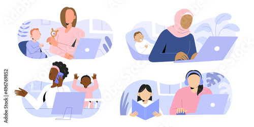 Mothers freelancers working at home with children, using laptop, talking on the phone, remote jobs, african-american, muslim women multitasking, career and parenting concept, vector illustration set