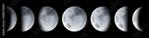 Lunar calendar, astrology observation for moon phases and eclipse. Vector flat cartoon, celestial body, star planet set. Crescent and full, quarter and half. Surface with craters and shadows