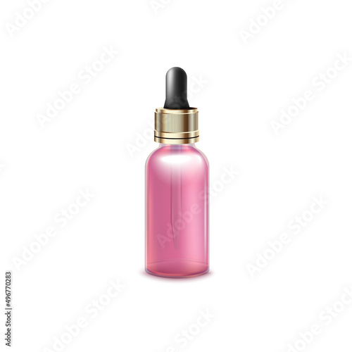 Cosmetic or medical pink plastic bottle with black cap and dropper
